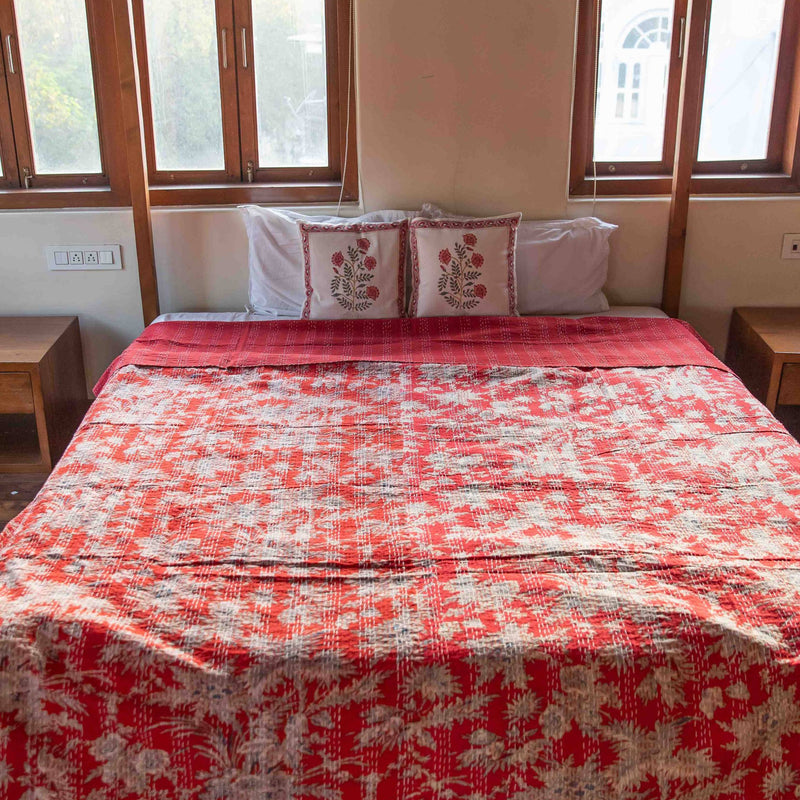 Red Frond Cotton Kantha Bedcover-Quilt sets-House of Ekam