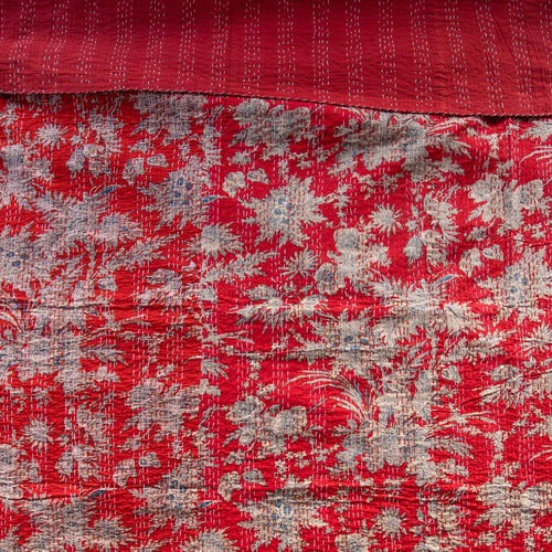 Red Frond Cotton Kantha Bedcover-Quilt sets-House of Ekam