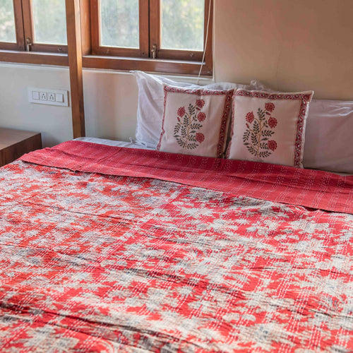 Red Frond Cotton Kantha Bedcover-Quilt sets-House of Ekam