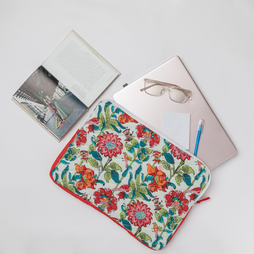 Red &amp; Green Floral Entwine Laptop Sleeve-Laptop Sleeves-House of Ekam