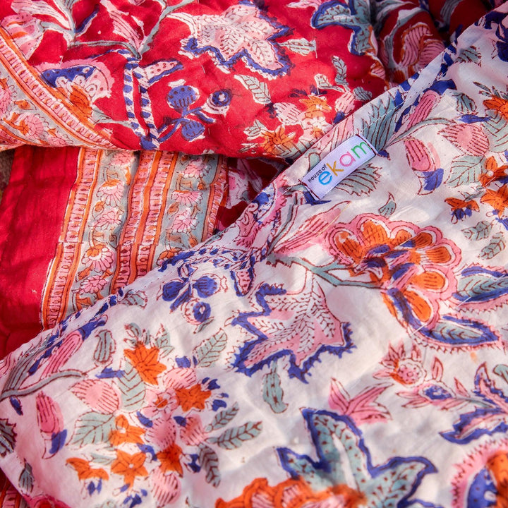 Red &amp; Green Gulnaar Blockprint Double Bed Quilt-Quilt sets-House of Ekam