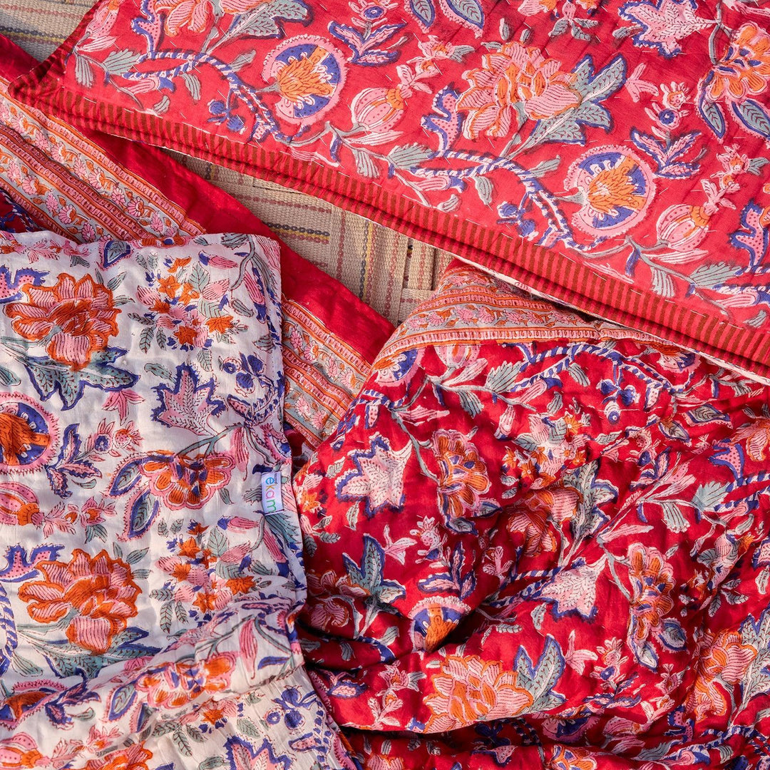 Red &amp; Green Gulnaar Blockprint Double Bed Quilt-Quilt sets-House of Ekam
