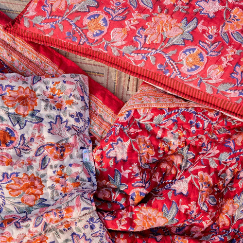 Red & Green Gulnaar Blockprint Double Bed Quilt-Quilt sets-House of Ekam