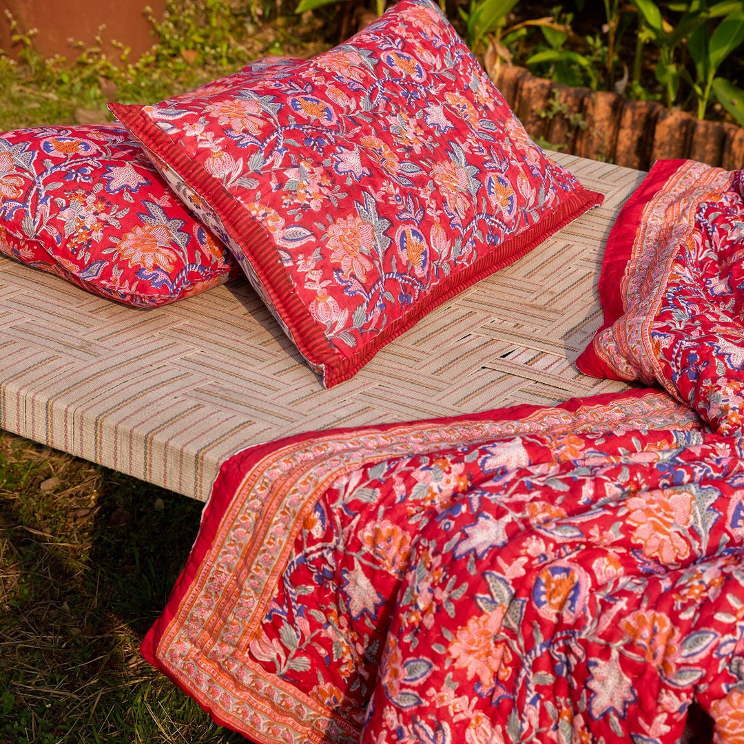 Red &amp; Green Gulnaar Blockprint Double Bed Quilt-Quilt sets-House of Ekam