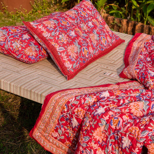 Red & Green Gulnaar Blockprint Double Bed Quilt-Quilt sets-House of Ekam