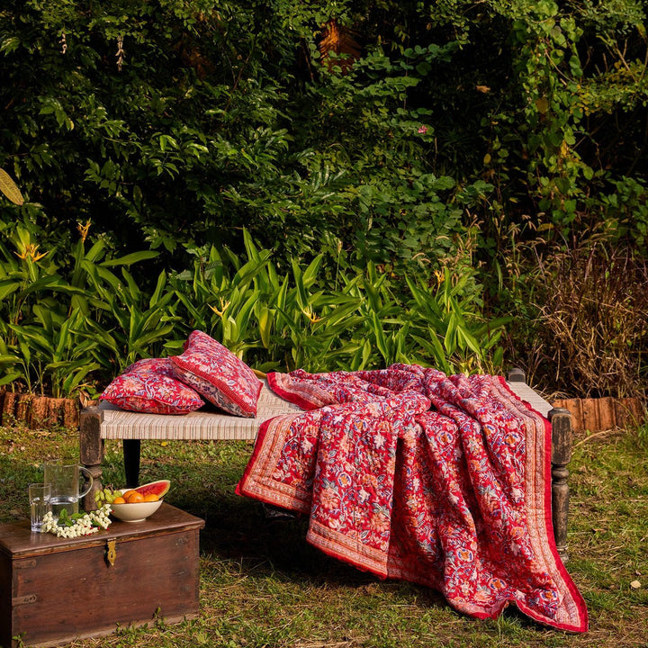 Red &amp; Green Gulnaar Blockprint Double Bed Quilt-Quilt sets-House of Ekam