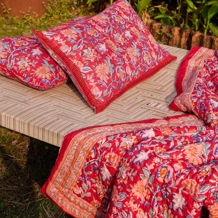 Red &amp; Green Gulnaar Blockprint Double Bed Quilt-Quilt sets-House of Ekam
