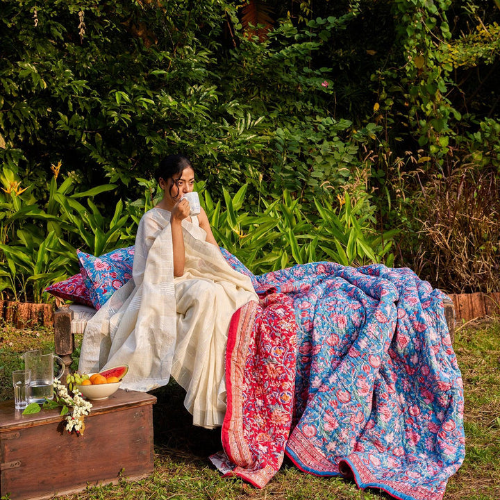 Red &amp; Green Gulnaar Blockprint Double Bed Quilt-Quilt sets-House of Ekam