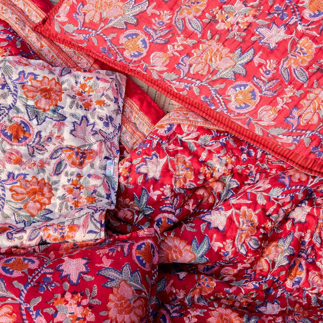 Red &amp; Green Gulnaar Blockprint Double Bed Quilt-Quilt sets-House of Ekam