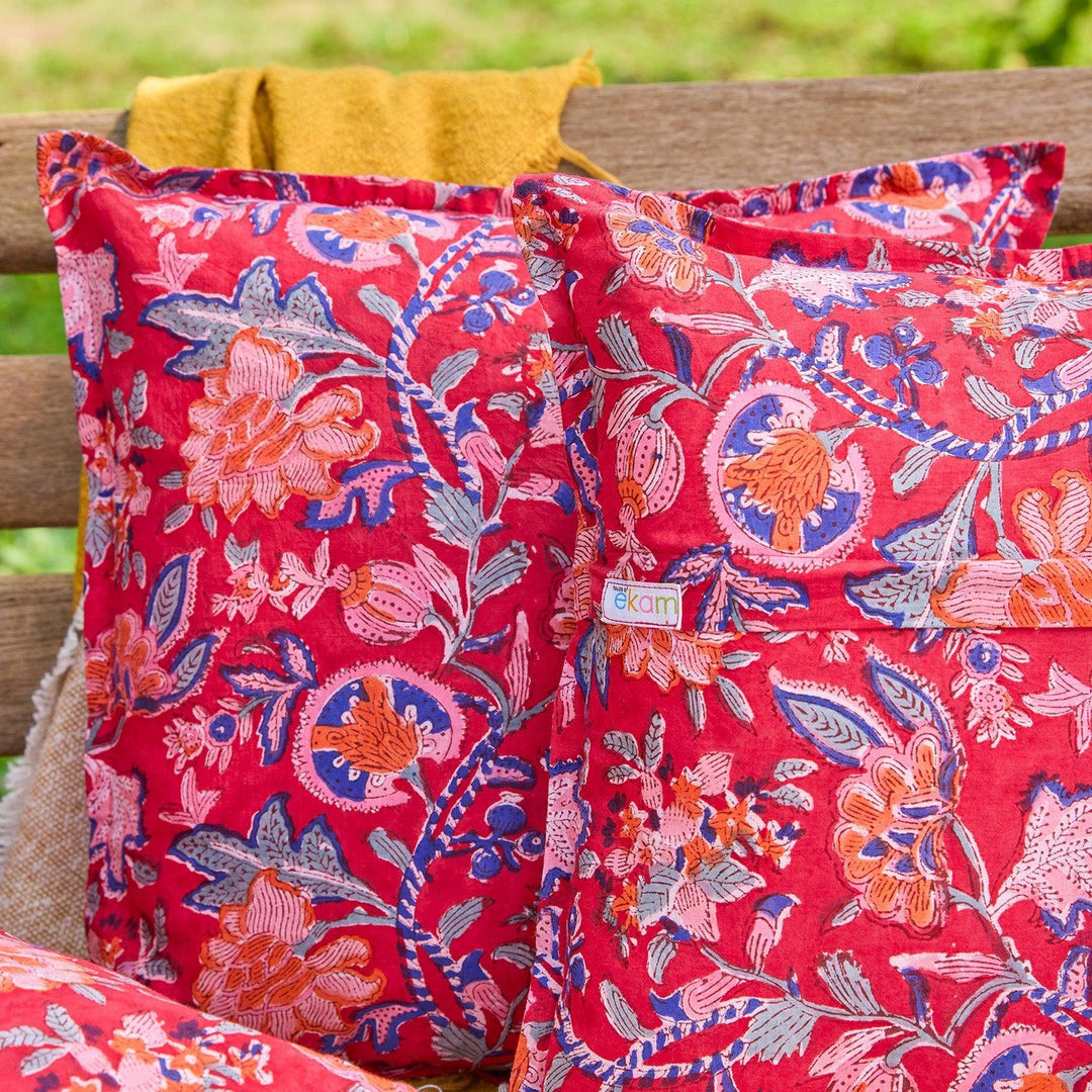 Red Gulnaar Blockprint Cushion Cover-Cushion Covers-House of Ekam