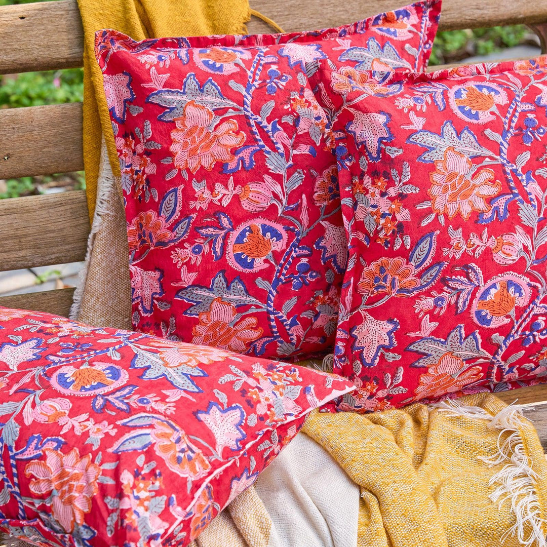 Red Gulnaar Blockprint Cushion Cover-Cushion Covers-House of Ekam