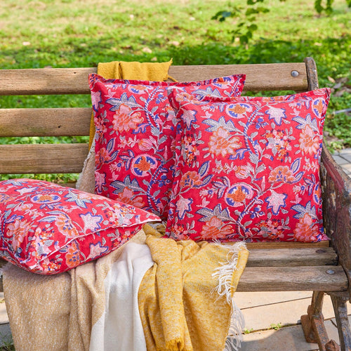 Red Gulnaar Blockprint Cushion Cover-Cushion Covers-House of Ekam