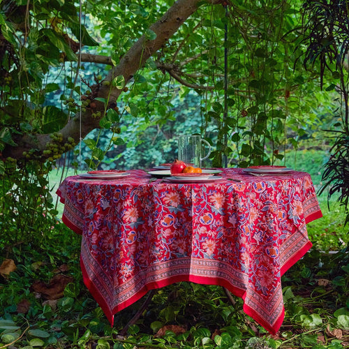 Red Gulnaar Handblockprinted Table Linen-Table Runners-House of Ekam