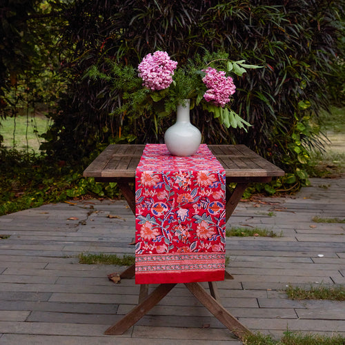 Red Gulnaar Handblockprinted Table Linen-Table Runners-House of Ekam