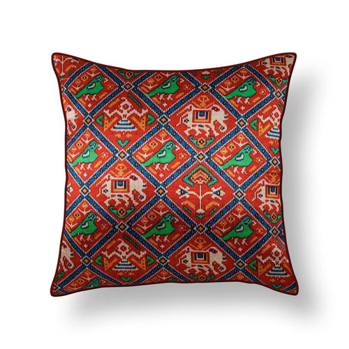 Red Patola Print Mashru Silk Cushion Cover-Cushion Covers-House of Ekam