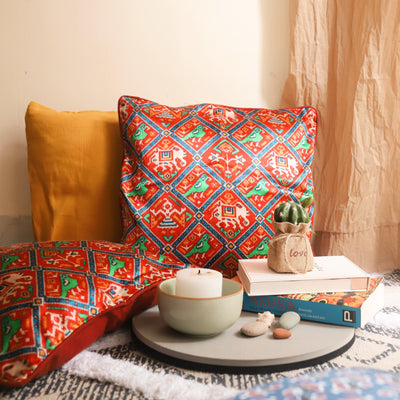 Red Patola Print Mashru Silk Cushion Cover-Cushion Covers-House of Ekam