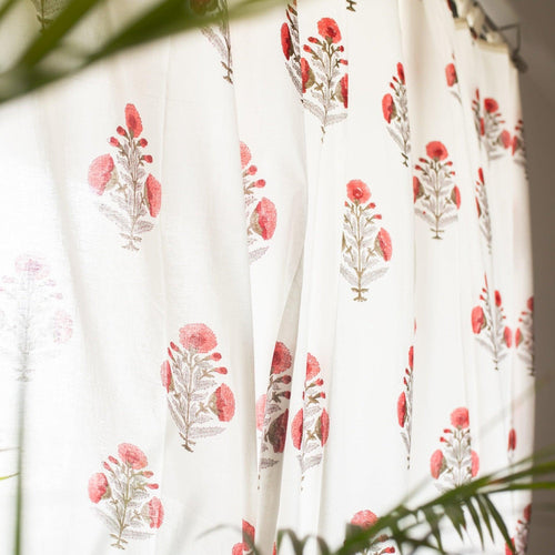 Red Poppy Blockprint Sheer Curtain-Curtains-House of Ekam