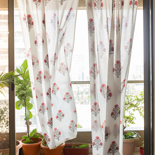 Red Poppy Blockprint Sheer Curtain-Curtains-House of Ekam