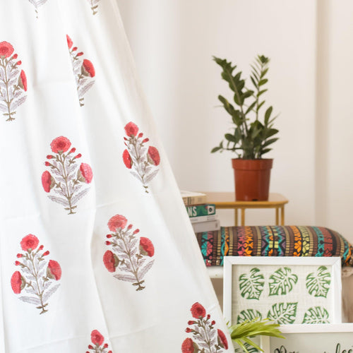 Red Poppy Blockprint Sheer Curtain-Curtains-House of Ekam