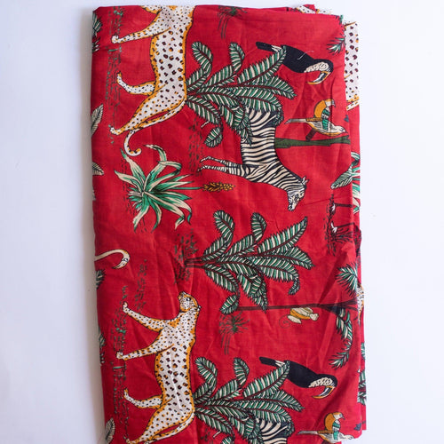 Red Tropical Safari Hand Screenprinted Cotton Fabric-fabric-House of Ekam