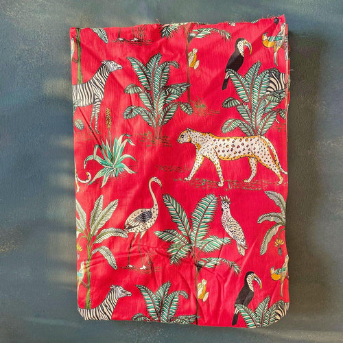 Red Tropical Safari Hand Screenprinted Cotton Fabric-fabric-House of Ekam