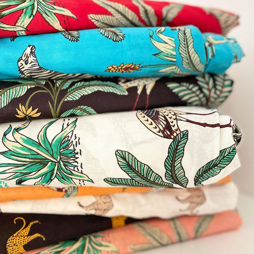 Red Tropical Safari Hand Screenprinted Cotton Fabric-fabric-House of Ekam