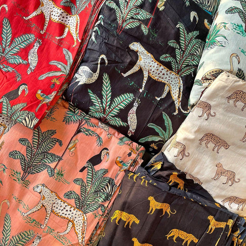 Red Tropical Safari Hand Screenprinted Cotton Fabric-fabric-House of Ekam