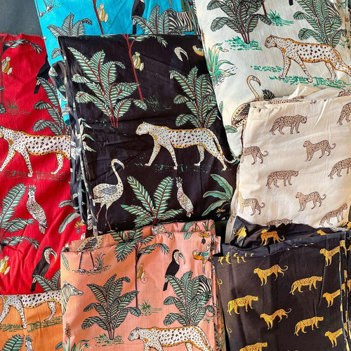 Red Tropical Safari Hand Screenprinted Cotton Fabric-fabric-House of Ekam