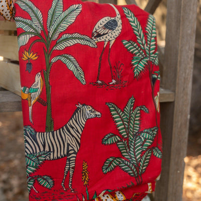 Red Tropical Safari Hand Screenprinted Cotton Fabric-fabric-House of Ekam