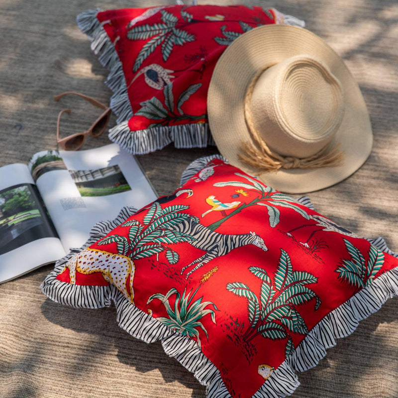Red Tropical Safari Ruffle Cushion Cover-Cushion Covers-House of Ekam