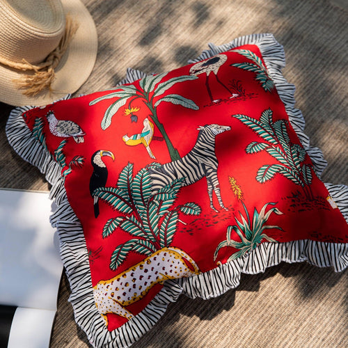 Red Tropical Safari Ruffle Cushion Cover-Cushion Covers-House of Ekam