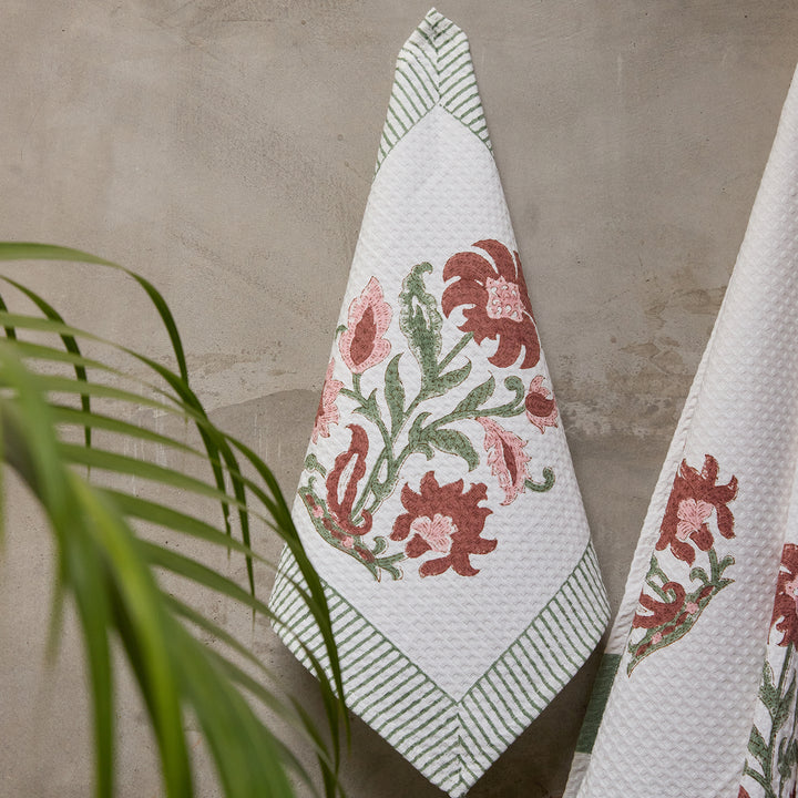 Red Verbena Blockprint Bath/Hand/Face Waffle Towel-bath towels-House of Ekam