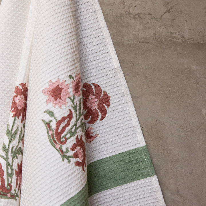 Red Verbena Blockprint Bath/Hand/Face Waffle Towel-bath towels-House of Ekam