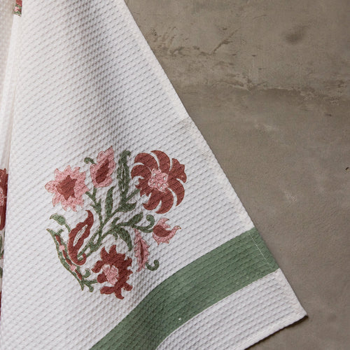 Red Verbena Blockprint Bath/Hand/Face Waffle Towel-bath towels-House of Ekam