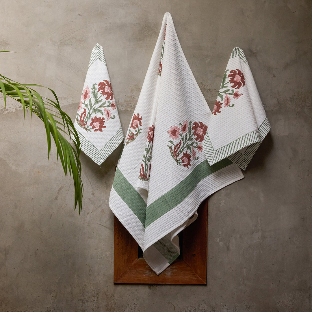Red Verbena Blockprint Bath/Hand/Face Waffle Towel-bath towels-House of Ekam