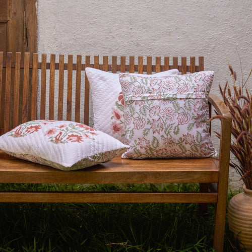 Red Verbena Hand Quilted Cushion Cover-Cushion Covers-House of Ekam