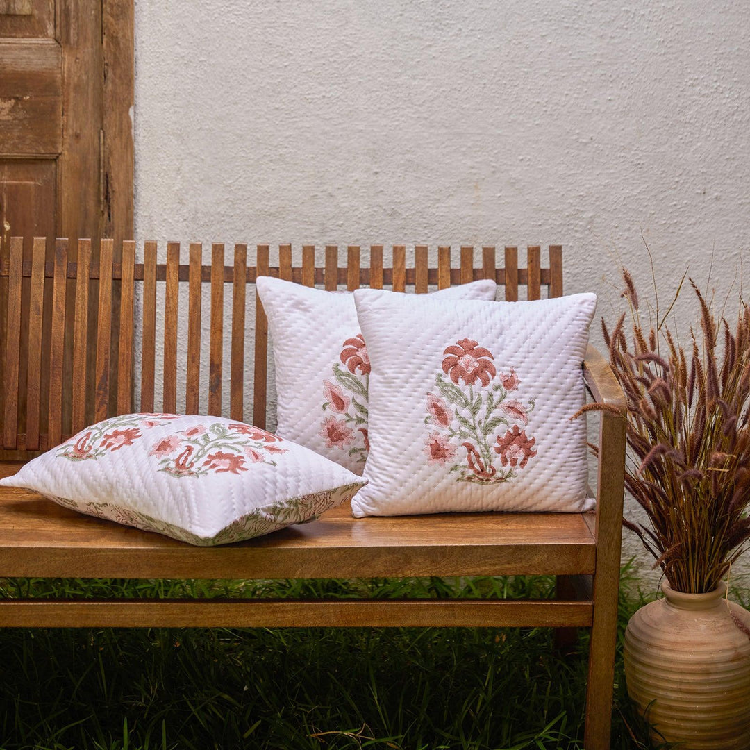Red Verbena Hand Quilted Cushion Cover-Cushion Covers-House of Ekam