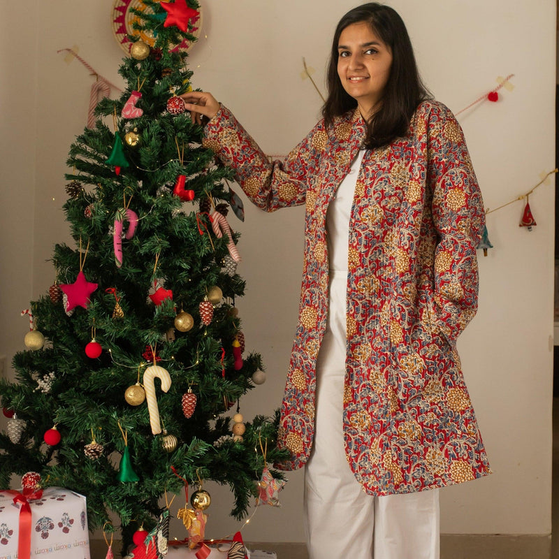 Red & Yellow Floral Jaal Cotton Winter Jacket-jackets-House of Ekam