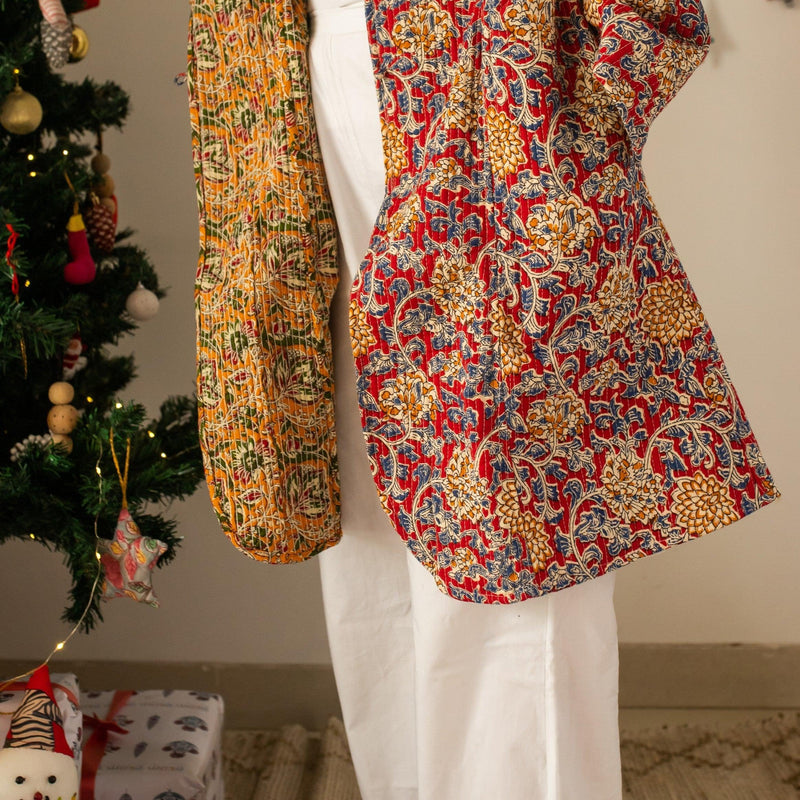 Red & Yellow Floral Jaal Cotton Winter Jacket-jackets-House of Ekam