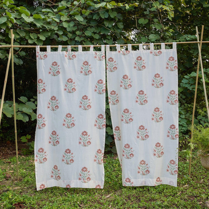 Red and Green Verbena Blockprint Maheshwari Silk Curtain-Curtains-House of Ekam