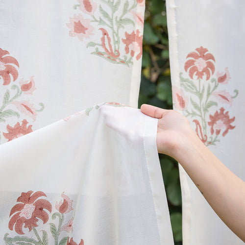 Red and Green Verbena Blockprint Maheshwari Silk Curtain-Curtains-House of Ekam