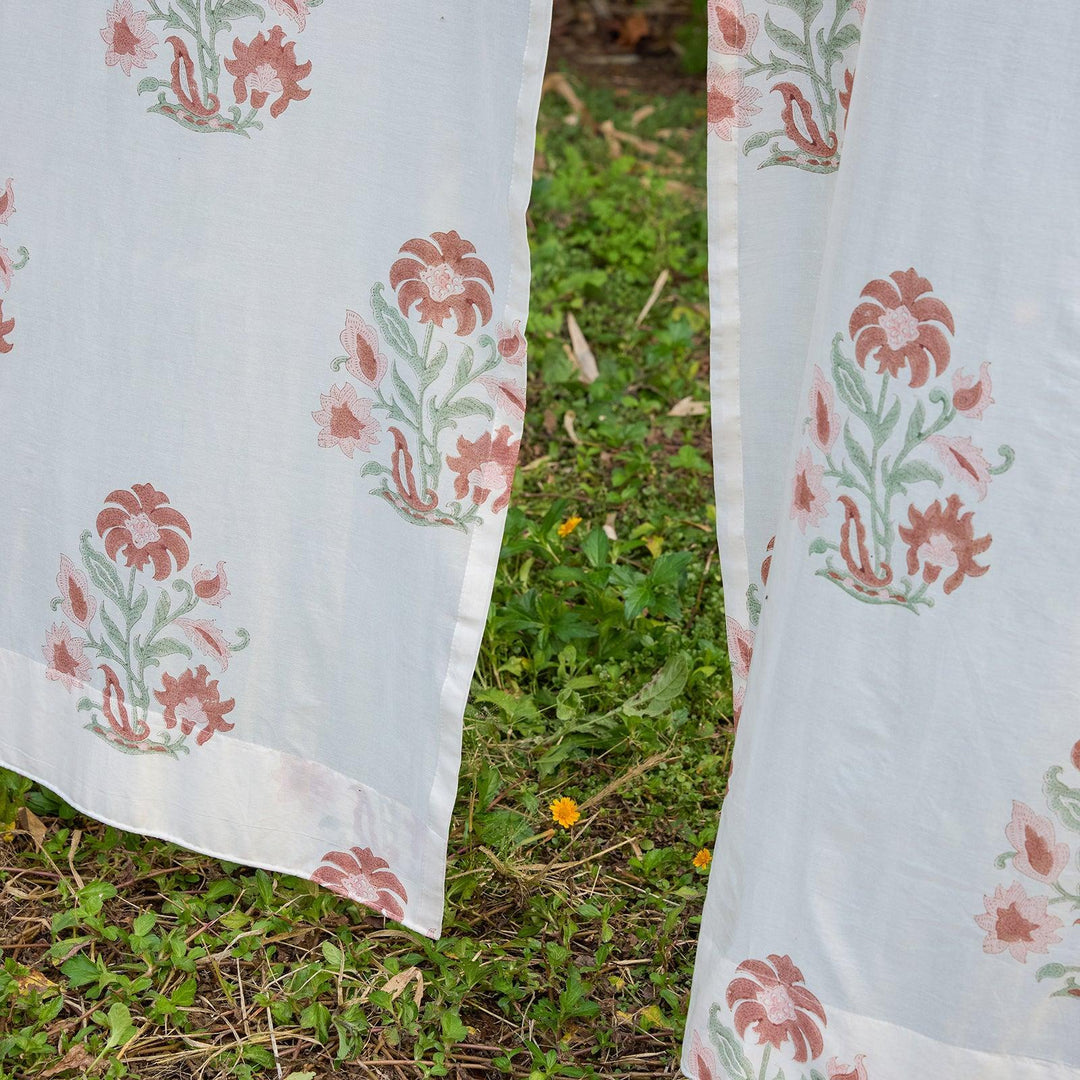Red and Green Verbena Blockprint Maheshwari Silk Curtain-Curtains-House of Ekam