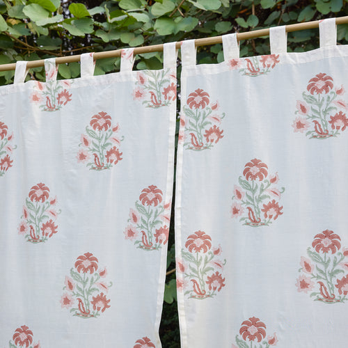 Red and Green Verbena Blockprint Maheshwari Silk Curtain-Curtains-House of Ekam