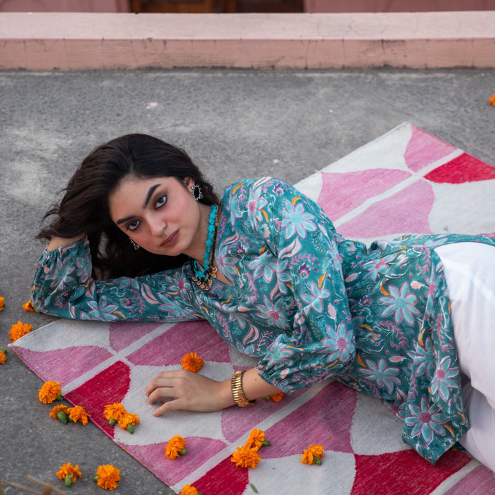 Ruhani Green Paisley Blockprinted Kurti with White Pants-Coord sets-House of Ekam