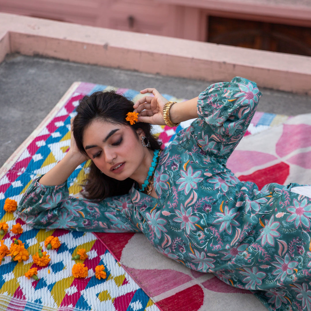 Ruhani Green Paisley Blockprinted Kurti with White Pants-Coord sets-House of Ekam