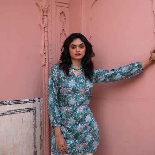 Ruhani Green Paisley Blockprinted Kurti with White Pants-Coord sets-House of Ekam