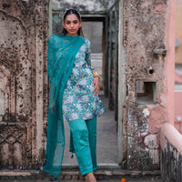 Ruhani Green Paisley Blockprinted Suit Set with Dupatta-Suits-House of Ekam