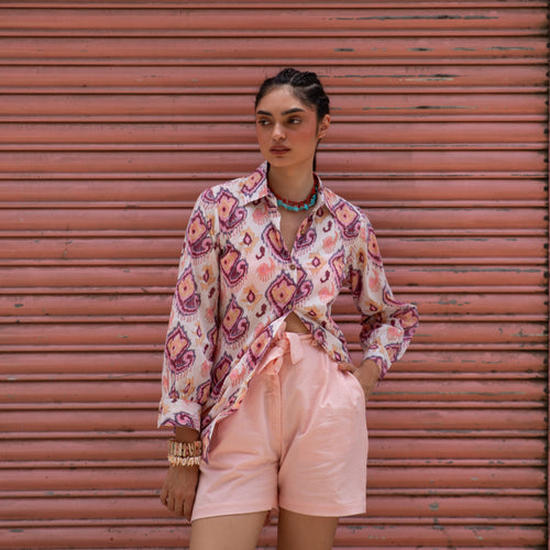 Ruhani White and Pink Ikat Blockprinted Co-ord set with Pink Shorts-Coord sets-House of Ekam