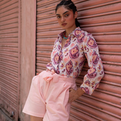 Ruhani White and Pink Ikat Blockprinted Co-ord set with Pink Shorts-Coord sets-House of Ekam