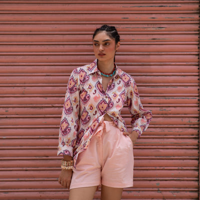 Ruhani White and Pink Ikat Blockprinted Shirt-Shirts-House of Ekam